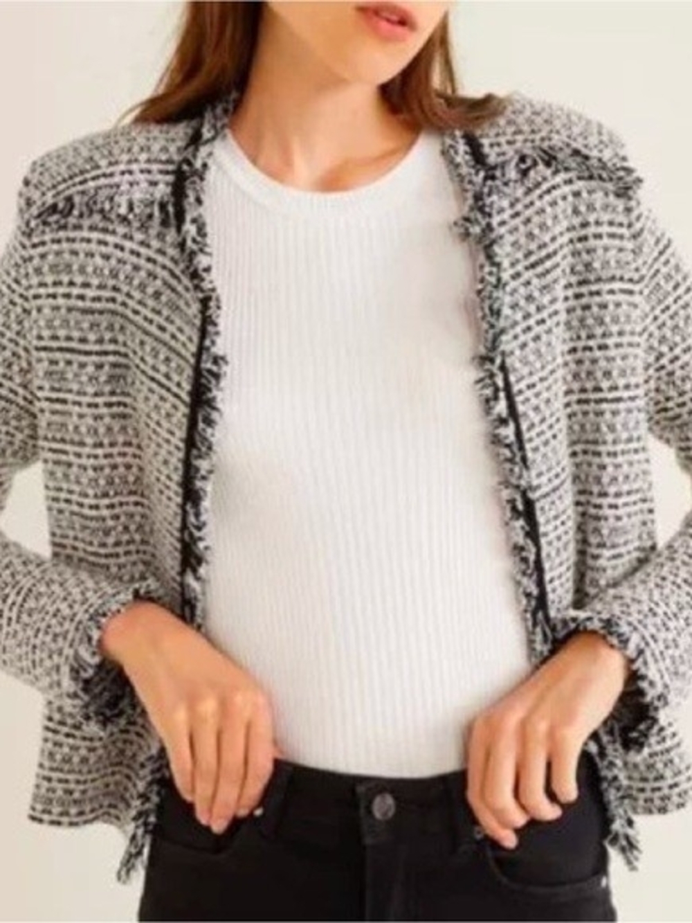 Mango Women's XS Tweed Blazer Jacket Black and White Monochrome